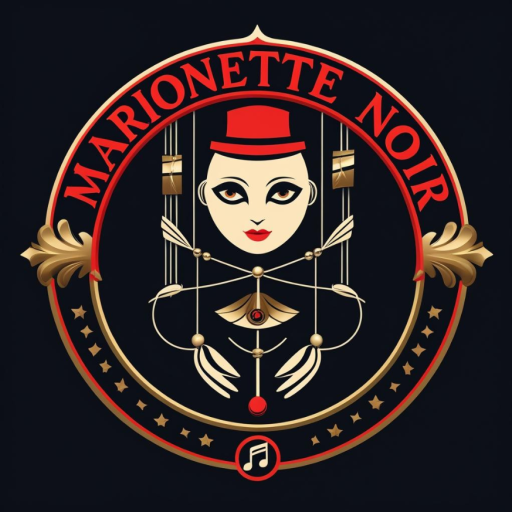 Official logo for Marionette Noir, featuring a minimalist silhouette and a severed puppet string, representing Neo-Soul and Noir Funk music.