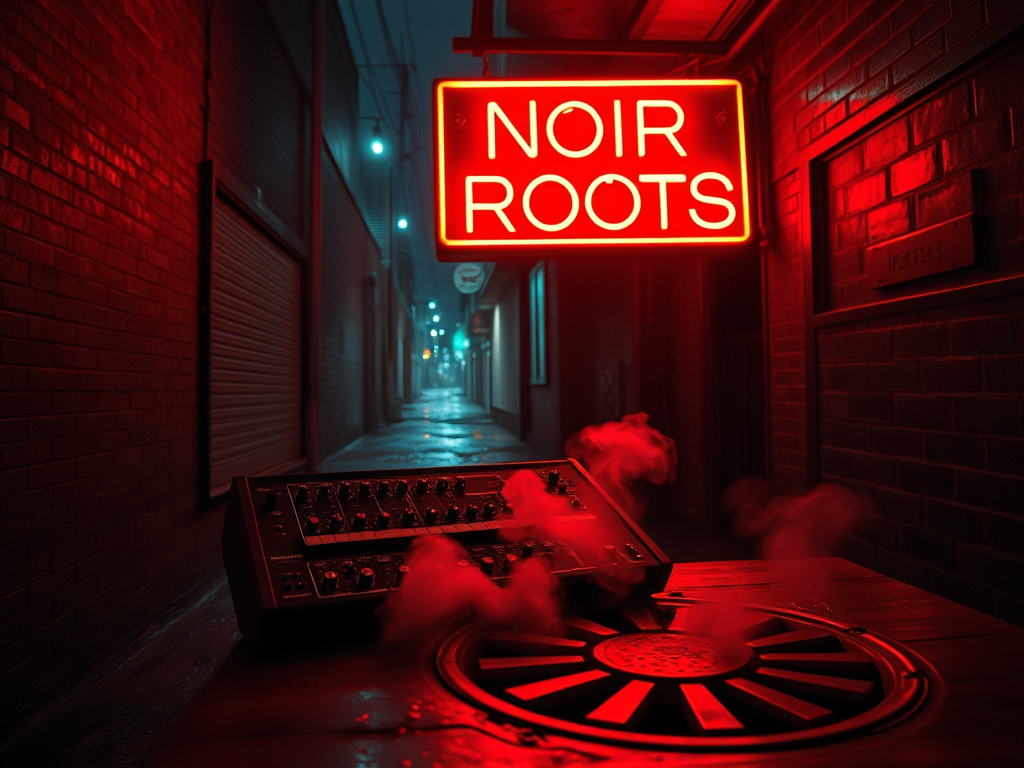 Vintage analog synthesizer in a dark, rain-slicked urban alleyway with amber neon lighting and cinematic noir shadows.
