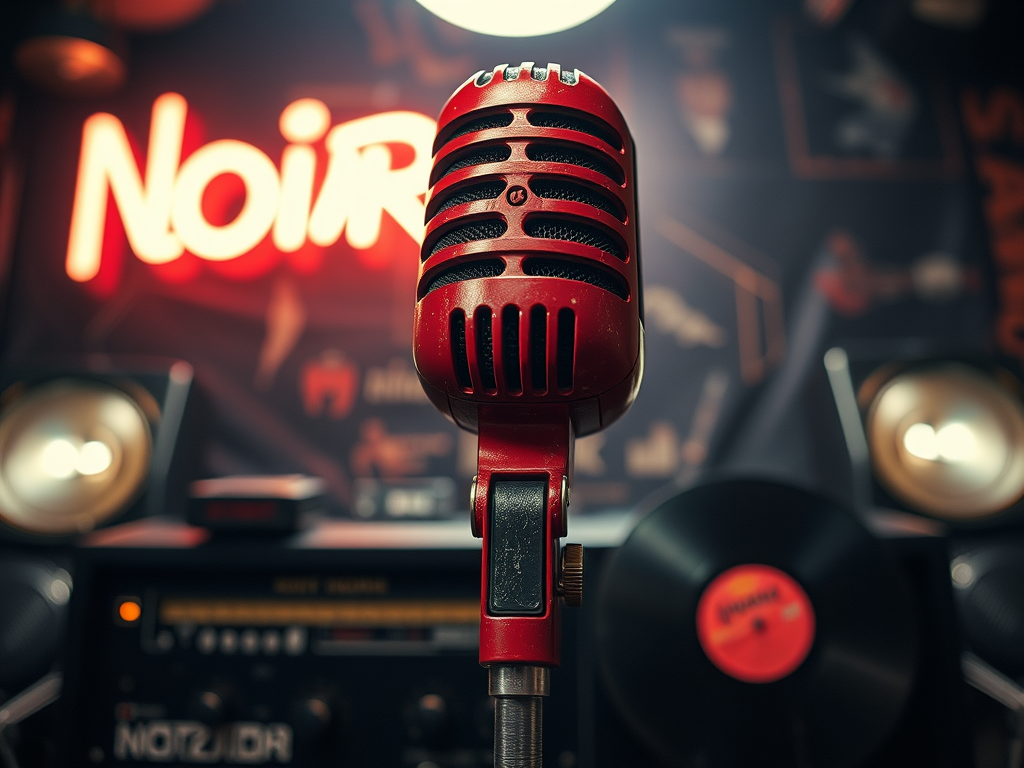 Close-up vintage red microphone in high-contrast noir style, representing the Marionette Noir Roots philosophy of cinematic blues-funk.