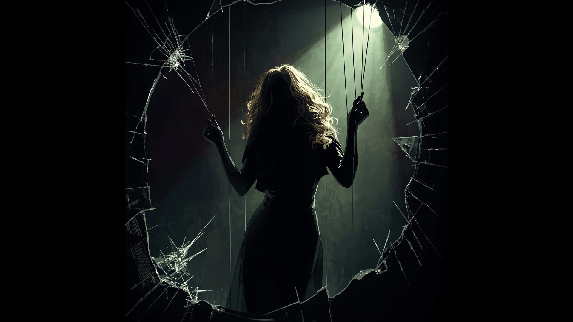 A mysterious, puppet-like figure in a leather jacket and sunglasses, shrouded in dark cinematic shadows with neon amber lighting.