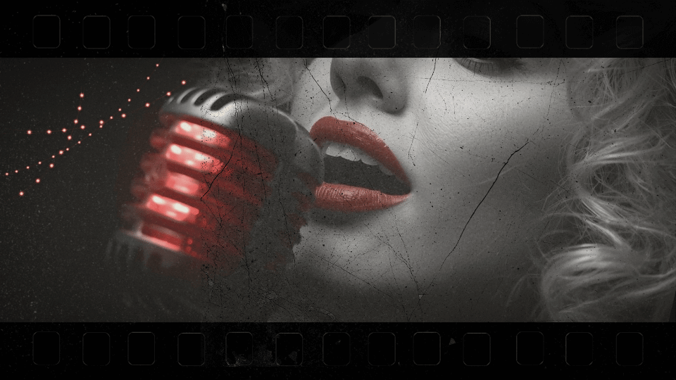 Marionette-Noir-Roots-Microphone Close-up vintage red microphone with a singer in high-contrast noir style, representing the Marionette Noir Roots philosophy of cinematic blues-funk.