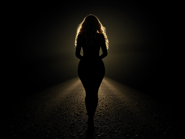A curvy woman walking with bare feet on a rough gravel road, representing the grit and organic truth of Marionette Noir.