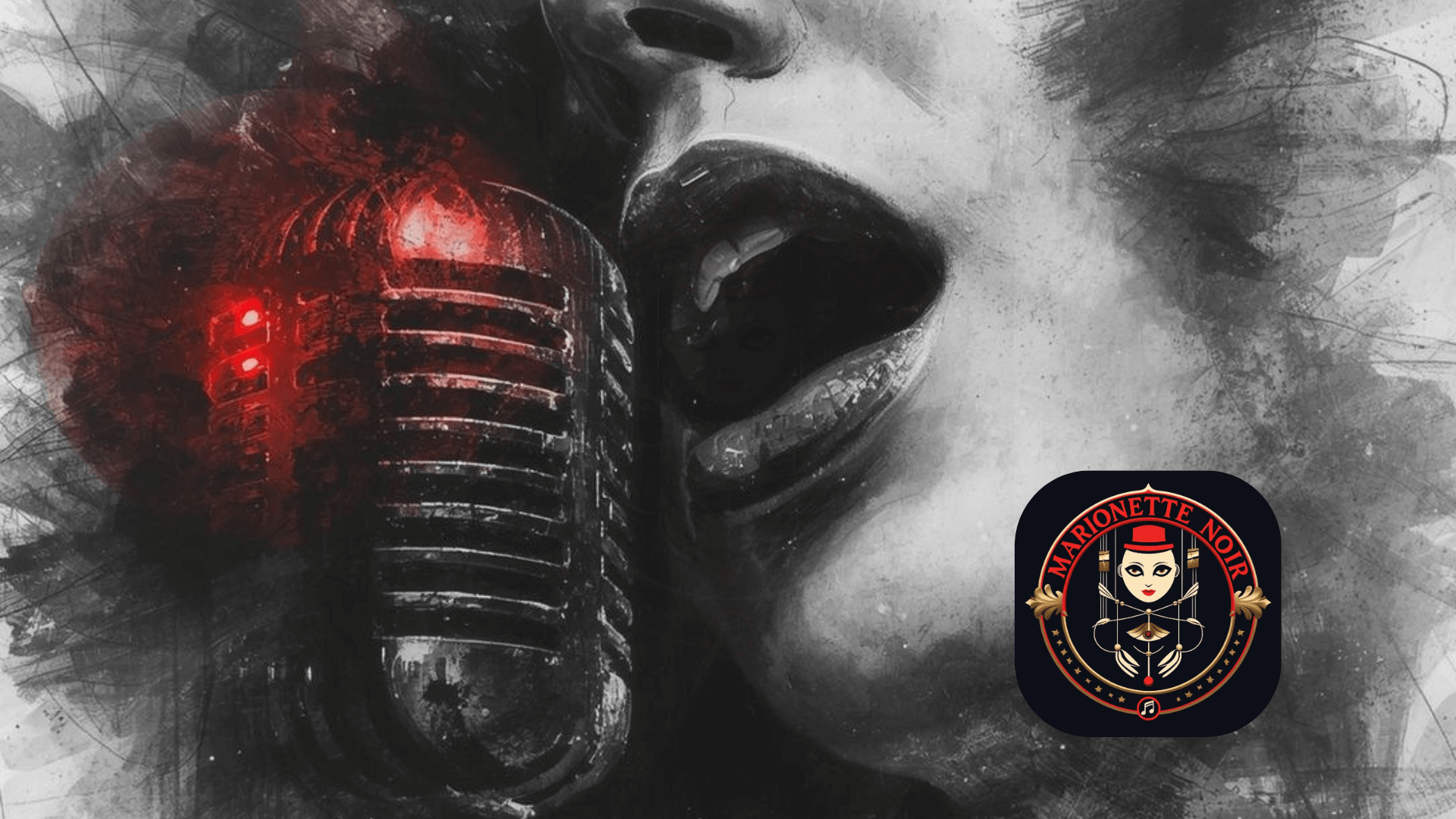Close-up artistic sketch of a female vocalist singing into a vintage microphone with red neon accents, representing the Marionette Noir aesthetic.
