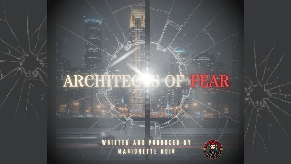 A wide, cinematic header featuring the Minneapolis skyline at night through a shattered glass window, with a central light flare. The title "ARCHITECTS OF FEAR" is displayed in glowing red and white typography, with the credit "WRITTEN AND PRODUCED BY MARIONETTE NOIR" at the bottom.