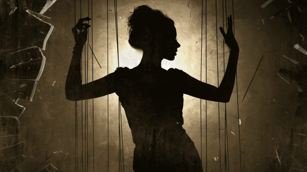 A dark silhouette of a woman standing against a glowing golden background, surrounded by vertical marionette strings that appear to be breaking or severing. To the left, a textured wall shows cracks, embodying the Marionette Noir aesthetic of reclaimed autonomy.