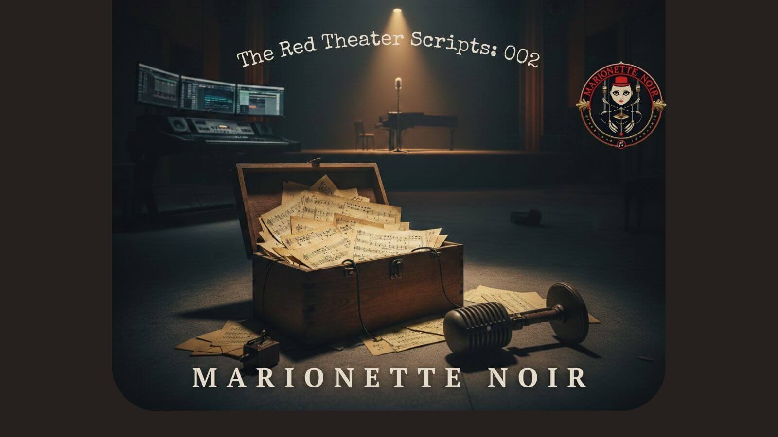 A high-contrast, cinematic "Melodic Noir" scene set within a dark theater, labeled at the top as The Red Theater Scripts: 002. In the foreground, an open wooden Legacy Archive box spills over with thirty-year-old musical scores and handwritten lyrics. A vintage silver ribbon microphone lies on the floor nearby, symbolizing a broken silence. The background reveals a modern SovereignAI™ production workstation with glowing digital monitors in the shadows, while a single spotlight illuminates an empty grand piano on the center stage. The Marionette Noir circular logo is positioned in the upper right, and the brand name is anchored at the bottom in clean, off-white serif typography.