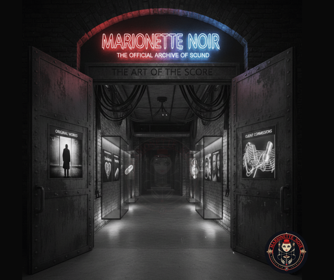 A high-contrast, moody image of the entrance to the "Marionette Noir" sound archive. Heavy industrial metal doors swing open to reveal a dark, brick-walled hallway lined with glowing glass exhibits. Above the entrance, a neon sign glows in red and blue with the text "MARIONETTE NOIR: THE OFFICIAL ARCHIVE OF SOUND." The atmosphere is gritty, theatrical, and cinematic.
