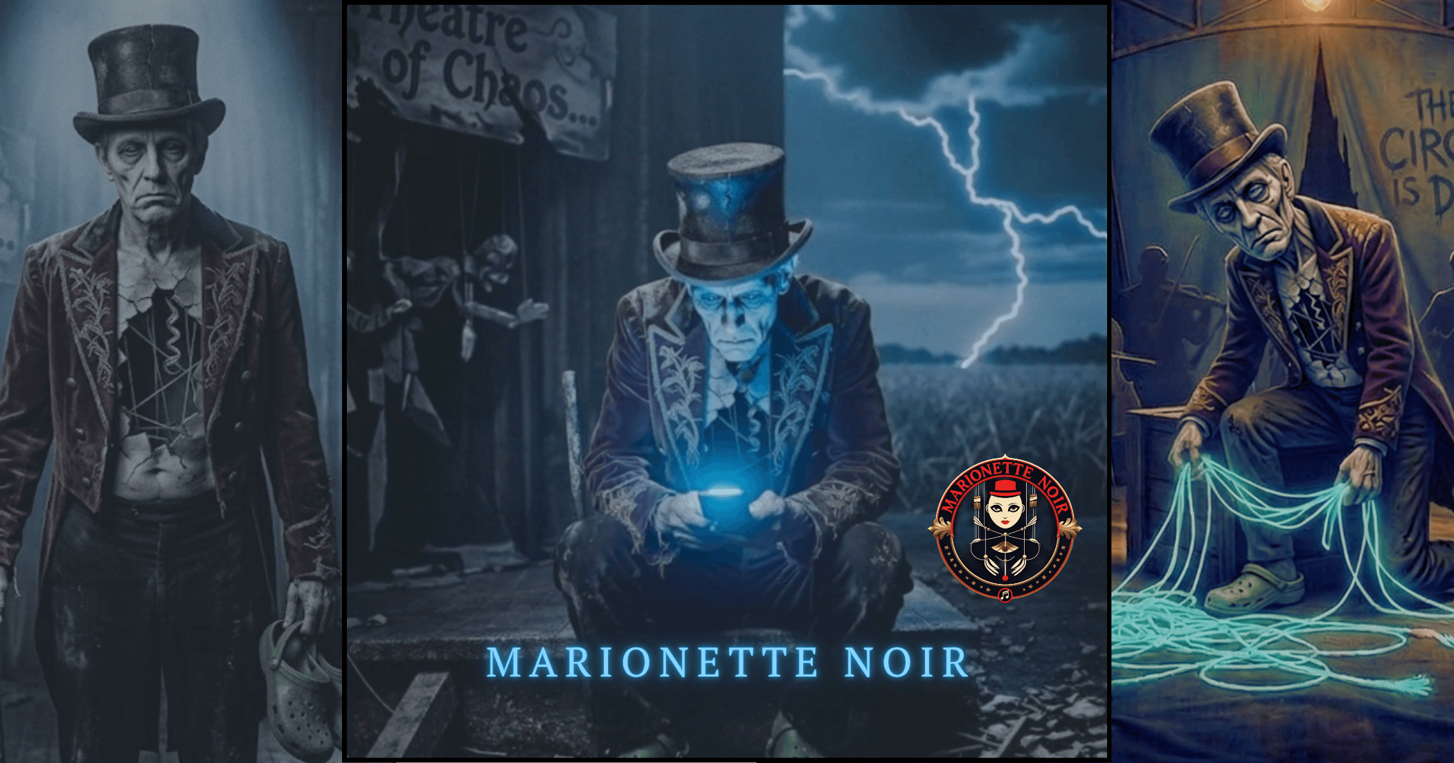 A three-panel cinematic header for the Marionette Noir blog titled The Master Plan of the Theatre of Chaos. It depicts a man in a Victorian top hat transitioning from a broken puppet holding a shoe to a sovereign conductor holding glowing blue wires.