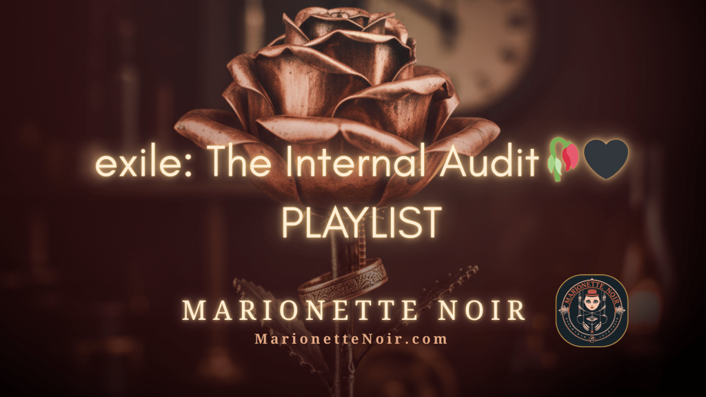 Playlist cover for 'exile: The Internal Audit' by Marionette Noir featuring a muscular white horse advancing through thick ground mist at twilight. The title 'EXILE' is in large, weathered Muted Silver text at the top, with 'MARIONETTE NOIR' in Aged Gold at the bottom. Circular Marionette Noir logo in the bottom right corner.