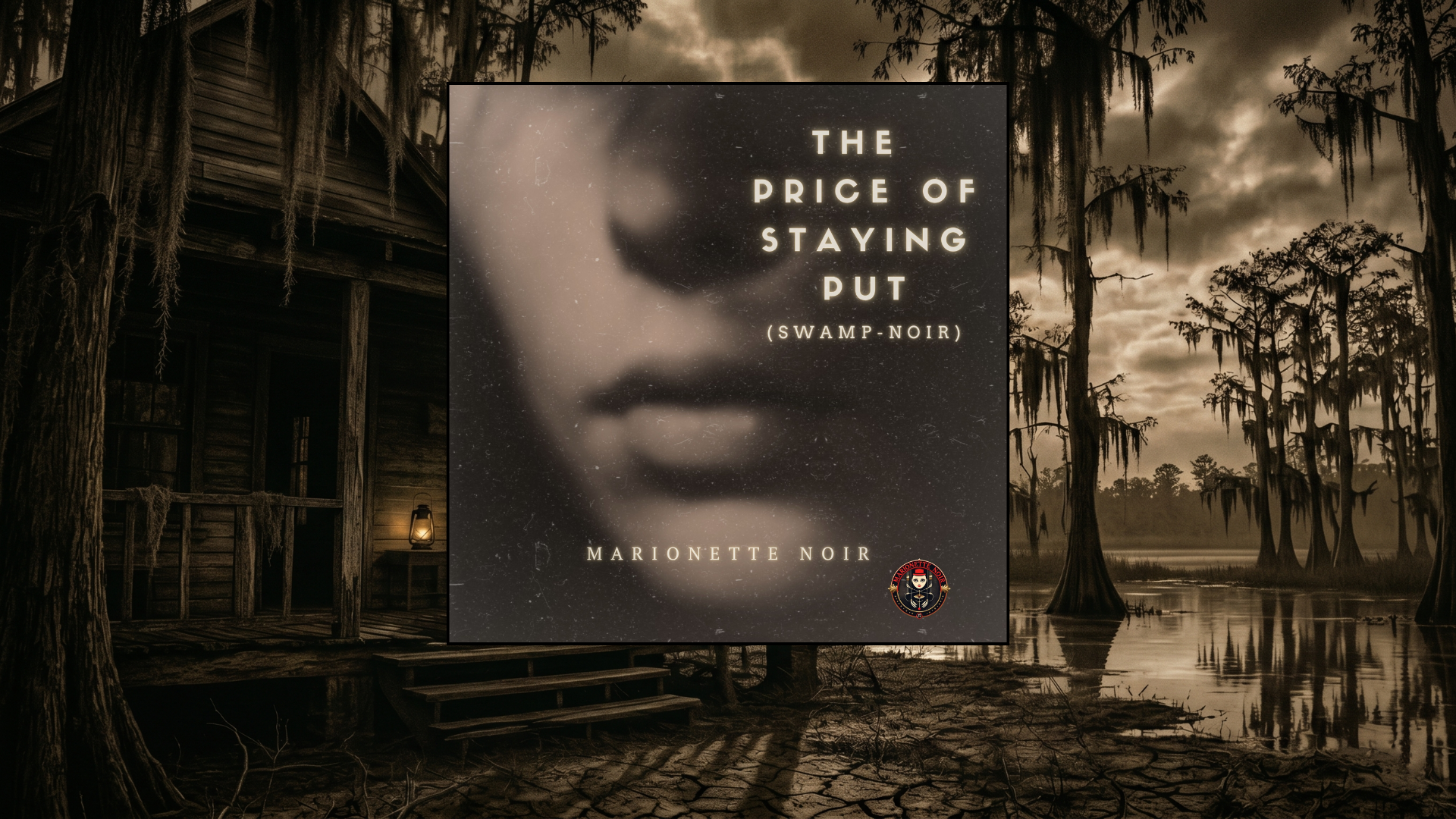 EPK cover graphic for The Price of Staying Put (Swamp-Noir) by Marionette Noir. The single's album art, featuring a shadowed, blurred face, is centered over a dark, atmospheric swamp background showcasing an old wooden porch, a lit lantern, and Spanish moss hanging over murky water.
